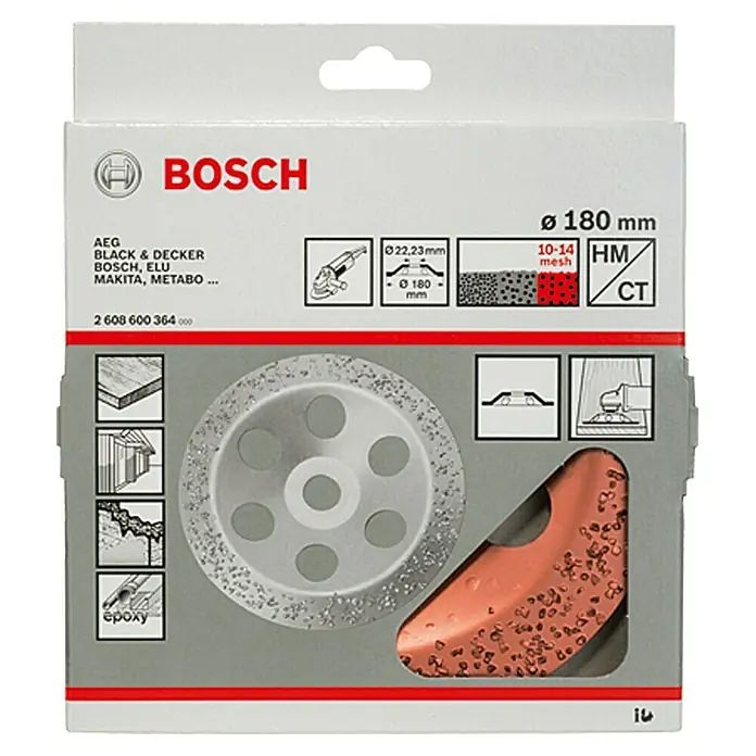Bosch Hartmetall-Topfscheibe - Durchmesser: 180 mm, Grob, Durchmesser Bohrung: 22,23 mm - Verpackung einer Bosch HM/CT-Diamanttrennscheibe, Ø 180 mm, für Winkelschleifer zum Trennen von harten Materialien wie Stein und Beton.