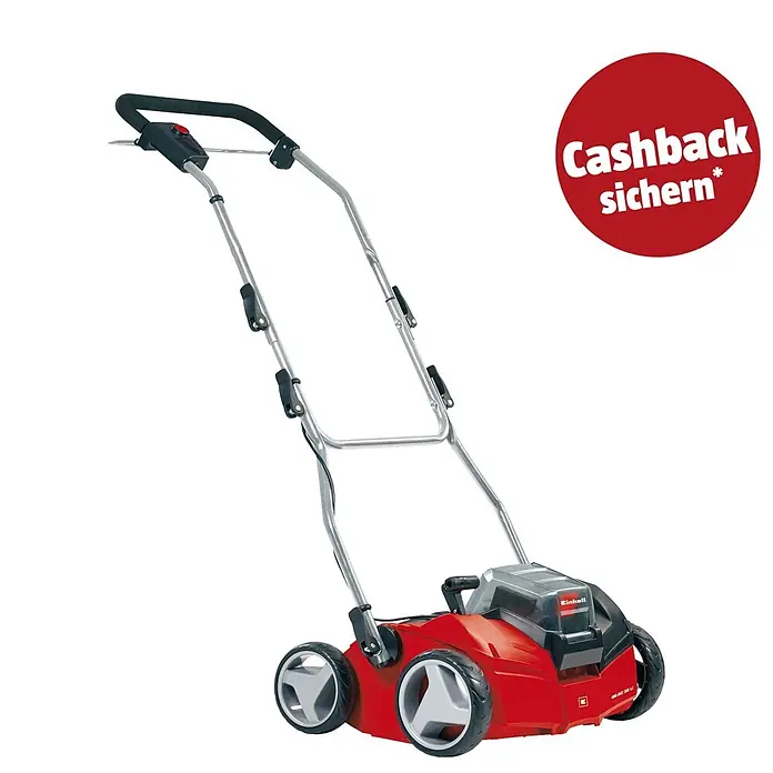 Einhell PXC 18V Akku-Vertikutierer GE-SC 35/1 Li-Solo - Anzahl Akkus: Ohne Akku, 36 V, Arbeitsbreite: 35 cm - Einhell roter und grauer Elektro-Vertikutierer mit ergonomischem Griff und rotem 'Cashback'-Label.
