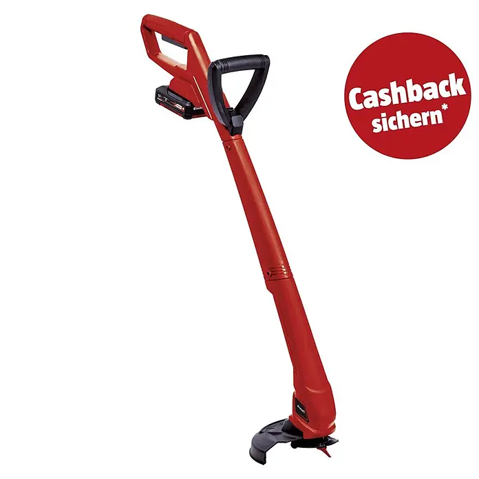 Einhell PXC 18V Akku-Rasentrimmer GC-CT 18/24 Li P - 18 V, 1,5 Ah, Li-Ionen, 1 Akku - Roter Akku-Rasentrimmer mit schwarzen Griffen und einem roten „Cashback sichern*“-Aufkleber.
