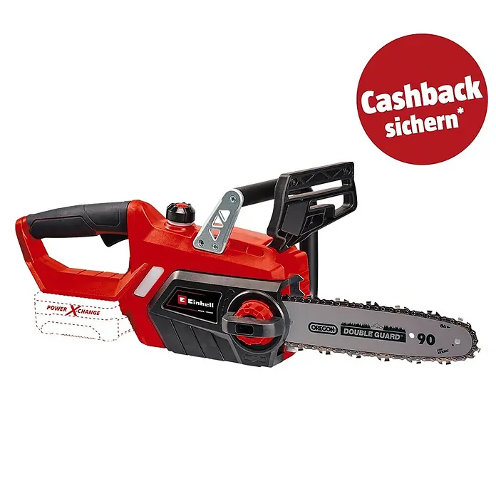 Einhell PXC 18V Akku-Kettensäge GE-LC 18/25 Li-Solo - 18 V, Ohne Akku, Schwertlänge: 25 cm - Rote und schwarze Akku-Kettensäge mit silberner Führungsschiene und Kette.