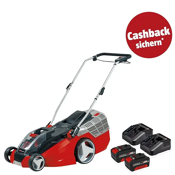 Einhell PXC 18V Akku-Rasenmäher GE-CM 43 Li M Kit - 18 V, 2 Akkus, 4 Ah, Schnittbreite: 43 cm - Roter und schwarzer Akku-Rasenmäher mit zwei Akkus, zwei Ladegeräten und "Cashback sichern*"-Badge.
