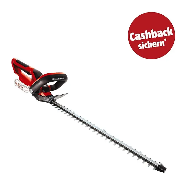 Einhell PXC 18V Akku-Heckenschere GC-CH 1855/1 Li-Solo - 18 V, Ohne Akku, Schnittlänge: 55 cm - Rote und schwarze Einhell Heckenschere mit langem Schwert und rotem 'Cashback sichern'-Badge.