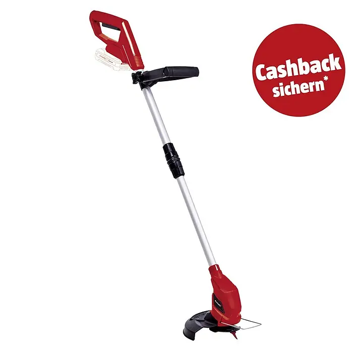 Einhell PXC 18V Akku-Rasentrimmer GC-CT 18/24 Li-Solo - 18 V, Li-Ionen, Ohne Akku - Roter und silberner Akku-Rasentrimmer mit schwarzem Griff, Schneidkopf und einem roten Kreis mit "Cashback sichern".