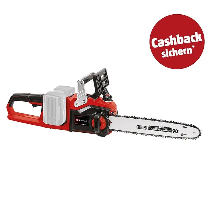 Einhell Professional PXC 18V Akku-Kettensäge GP-LC 36/35 Li-Solo - 36 V, Ohne Akku, Schwertlänge: 35 cm - Rote und schwarze Einhell Akku-Kettensäge mit zwei weißen Akkus und Oregon-Kette.