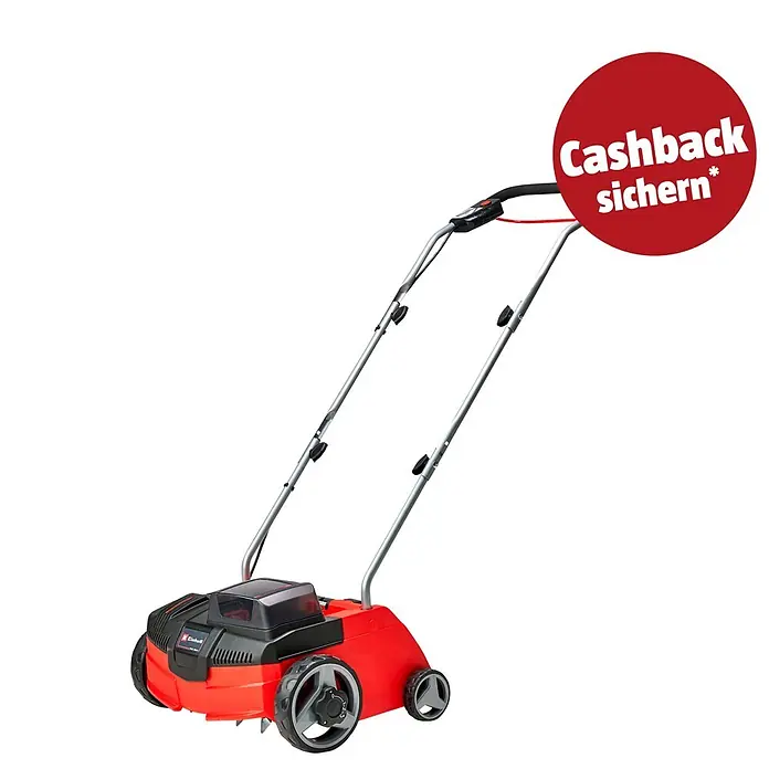 Einhell PXC 18V Akku-Vertikutierer GC-SC 36/31 LI-SOLO EINHELL - Anzahl Akkus: Ohne Akku, 18 V, Arbeitsbreite: 31 cm - Rot-schwarzer Einhell Vertikutierer mit silbernen Griffen, roter 'Cashback sichern*'-Markierung.