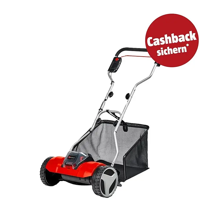 Einhell PXC 18V Akku-Spindelmäher GE-HM 18/38 Li-Solo - 18 V, Ohne Akku, 4 Ah, Schnittbreite: 38 cm - Roter und schwarzer Elektrorasenmäher mit grauem Griff und Fangkorb aus Netzstoff.