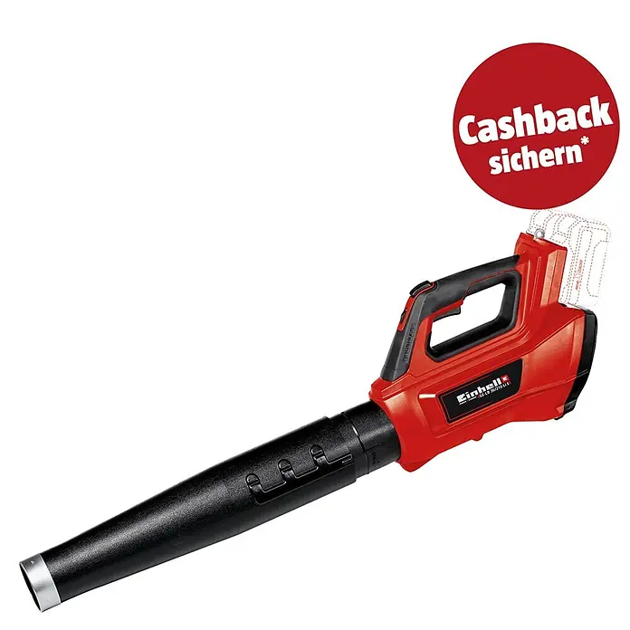 Einhell Professional PXC 18V Akku-Laubbläser GP-LB 36/210 Li E-Solo - 18 V, Ohne Akku, Blasgeschwindigkeit: 210 km/h, Blasleistung: 816 m³/min - Rotes und schwarzes Einhell Akku-Laubgebläse mit „Cashback sichern“-Aufkleber.