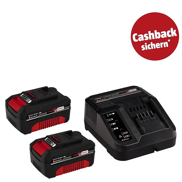 Einhell PXC 18V Starterkit 2x 3,0Ah PXC - 18 V, Kapazität: 3 Ah - Zwei schwarze Einhell Li-Ion 3.0Ah 18V Akkus und ein Power X-Change Ladegerät. Roter Kreis: "Cashback sichern*".