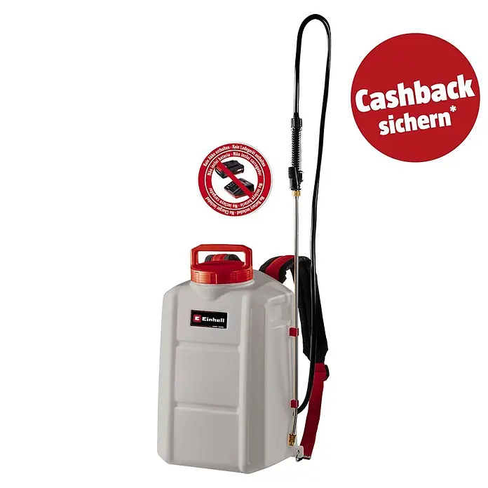 Einhell PXC 18V Drucksprühgerät GE-WS 18/150 Li-Solo - Betriebsdruck: 4,5 bar, Kunststoff - Einhell Rückensprühgerät mit weißem Tank, roter Kappe, Griff und Gurten, sowie schwarzem Schlauch und Sprühlanze.