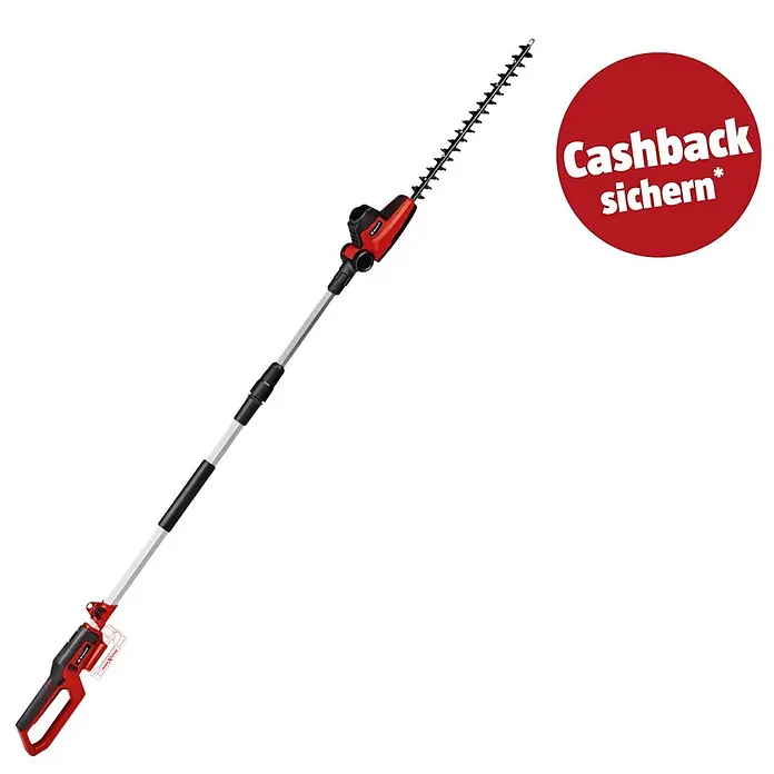 Einhell PXC 18V Teleskop-Heckenschere GC-HH 18/45 LI T-SO - 18 V, Li-Ionen, Ohne Akku, Schnittlänge: 41 cm - Rote und schwarze Teleskop-Heckenschere mit verlängerter Klinge. Inklusive rotem "Cashback sichern" Aktionsaufkleber.