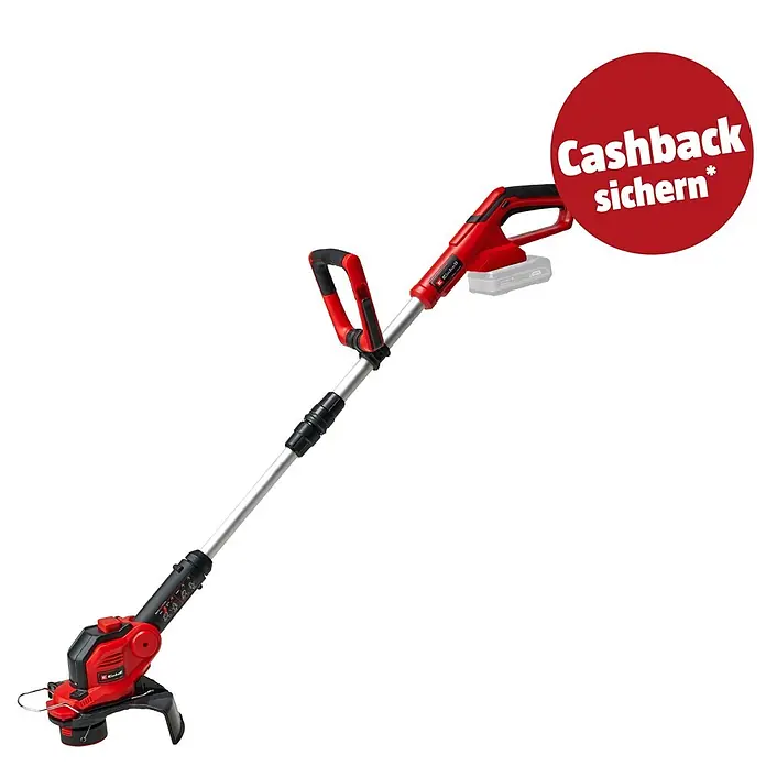 Einhell PXC 18V Akku-Rasentrimmer GE-CT 18/28 Li-Solo - 18 V, 5.200 mAh, Ohne Akku, Schnittbreite Messer: 28 cm, Schnittbreite Faden: 28 cm - Roter und schwarzer Akku-Rasentrimmer mit silbernem Schaft, ausgestattet mit Griff und Schneidkopf.