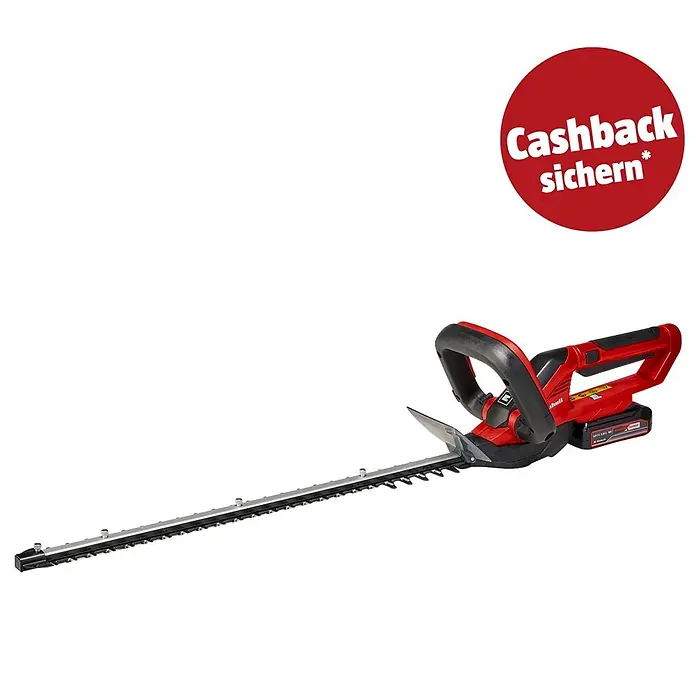 Einhell PXC 18V Akku-Heckenschere GC-CH 1855/1 LI - 18 V, Li-Ionen, 1 Akku, Schnittlänge: 55 cm - Rote und schwarze Akku-Heckenschere mit langer silberner Klinge und 'Cashback sichern'-Aufkleber.