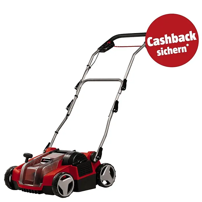 Einhell PXC 18V Akku-Vertikutierer-Lüfter GE-SC 36/35 LI SOLO - 36 V, Ohne Akku - Roter und schwarzer Elektrorasenmäher mit grauen Griffen und Rädern.