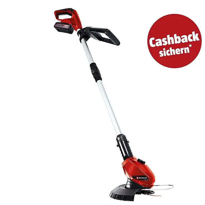 Einhell PXC 18V Akku-Rasentrimmer GE-CT 18 Li - 18 V, 2,5 Ah, Li-Ionen, 1 Akku, Schnittbreite Messer: 24 cm - Roter und schwarzer Einhell Akku-Rasentrimmer mit weißem Schaft und montiertem Akku.