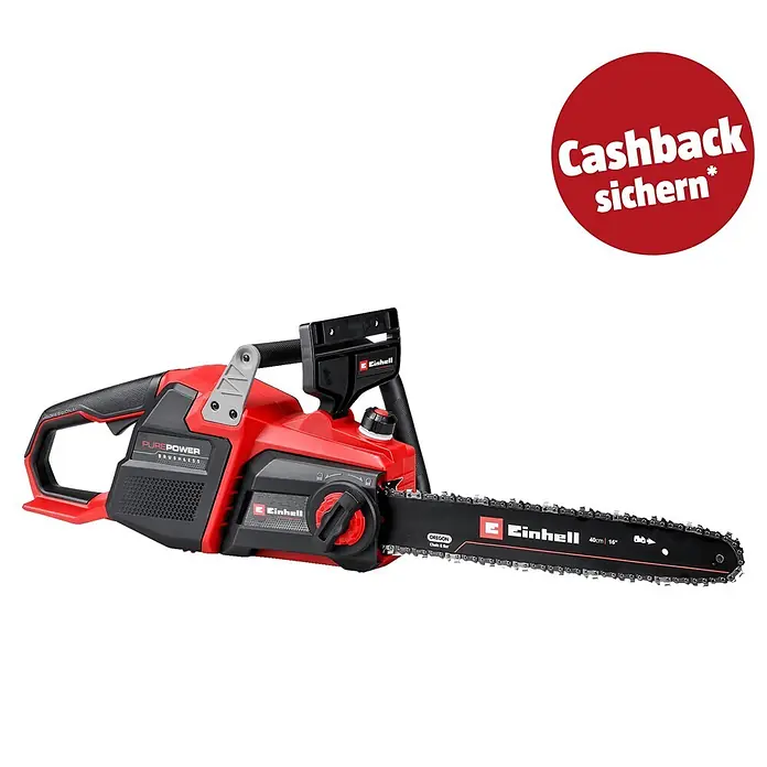 Einhell Professional PXC 18V Akku-Kettensäge GP-LC 36/40 - 36 V, Li-Ionen, Ohne Akku, Schwertlänge: 40 cm - Rote und schwarze Einhell Akku-Kettensäge mit 40 cm (16 Zoll) Schwert, bürstenlosem Motor und rotem 'Cashback sichern*' Kreis.