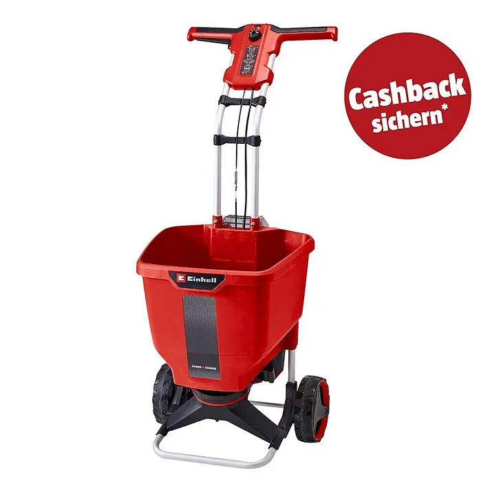 Einhell PXC 18V Streuwagen GE-SR 18/22 - Akkubetrieben, Arbeitsbreite: 600 cm, 22 l - Roter Einhell Streuwagen mit schwarzen Rädern, grauem Griff und Bedienfeld.