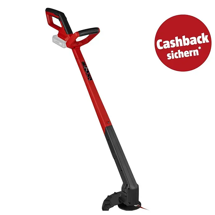 Einhell PXC 18V Akku-Rasentrimmer GC-CT 18/2411 Li P-Solo - 18 V, Li-Ionen, Ohne Akku, Schnittbreite Messer: 24 cm - Roter und schwarzer Akku-Rasentrimmer, mit einem „Cashback sichern“ Aufkleber.