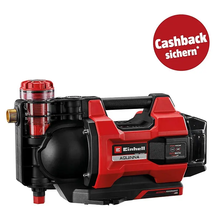 Einhell PXC 18V Akku-Gartenpumpe Aqinna 18/30 F LED Automatic - 18 V, Li-Ionen, Ohne Akku, Max. Fördermenge: 3.000 l/h - Rot-schwarze Einhell AQUINNA Akku-Wasserpumpe mit transparentem Filtergehäuse.