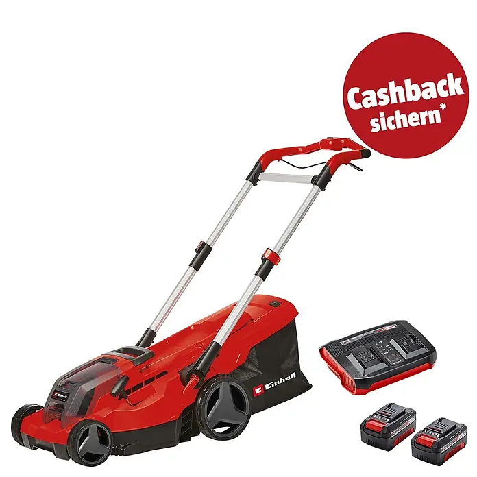 Einhell PXC 18V Akku-Rasenmäher GP-CM 36/450 - 2 Akkus, Schnittbreite: 380 mm - Roter und schwarzer Akku-Rasenmäher mit zwei Akkus und Ladegerät.