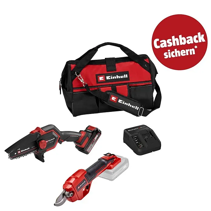 Einhell PXC 18V Einhand-Akku-Kettensäge GE-PS 18/15 + GE-LS 18 - 18 V, 2,5 Ah, Li-Ionen, 1 Akku, Schwertlänge: 15,8 cm - Rote und schwarze Einhell Werkzeugtasche, Mini-Kettensäge, elektrische Astschere und Akku-Ladegerät.