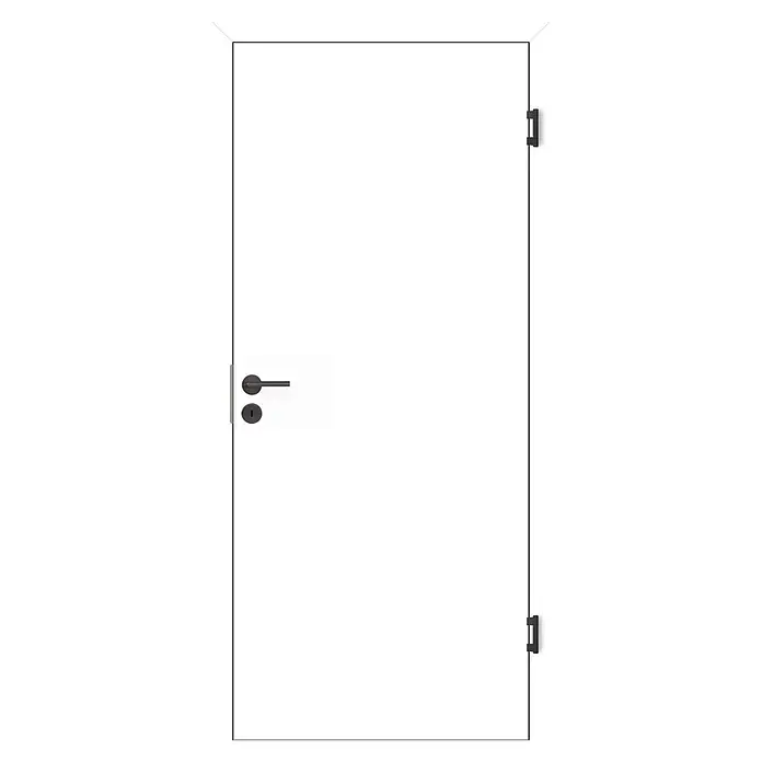 Kilsgaard Zimmertür 42F/00 - 709 x 2.097 mm, DIN Anschlag: Rechts, Weiß lackiert, ähnlich RAL 9010, Röhrenspan, Stumpfoptik - Weiße Innentür mit schwarzem Türdrücker, Schlüsselloch und zwei schwarzen Scharnieren.