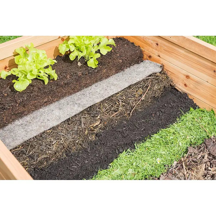 Windhager Hochbeetmatte - L x B: 2 x 1 m, Schafwolle, Grau - Ein hölzernes Hochbeet zeigt innere Schichten: Erde mit Salat, Filz, Zweige, Kompost und Grasschnitt für optimales Pflanzen.