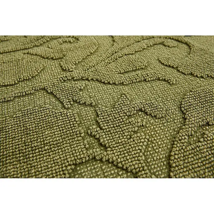 Badteppich Tulum - 60 x 90 cm, Grün - Strukturierter olivgrüner Stoff mit erhabenen Schlingenmustern.