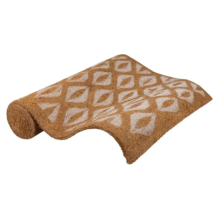 Windhager Winterschutz Kokos-Filzmatte Oriental - L x B: 150 x 50 cm - Braune Kokosmatte mit weißem geometrischem Muster, teilweise abgerollt.