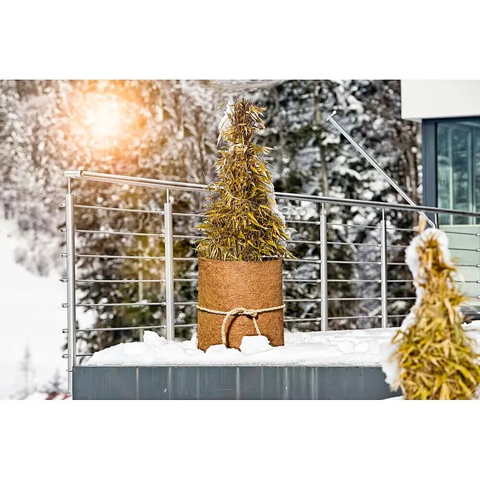Windhager Kokosschutzmatte - L x B x S: 1,5 m x 50 cm x 10 mm, Natur - Topfpflanze (Bambus) in braunem Fasergefäß mit Seil, auf schneebedecktem Balkon.