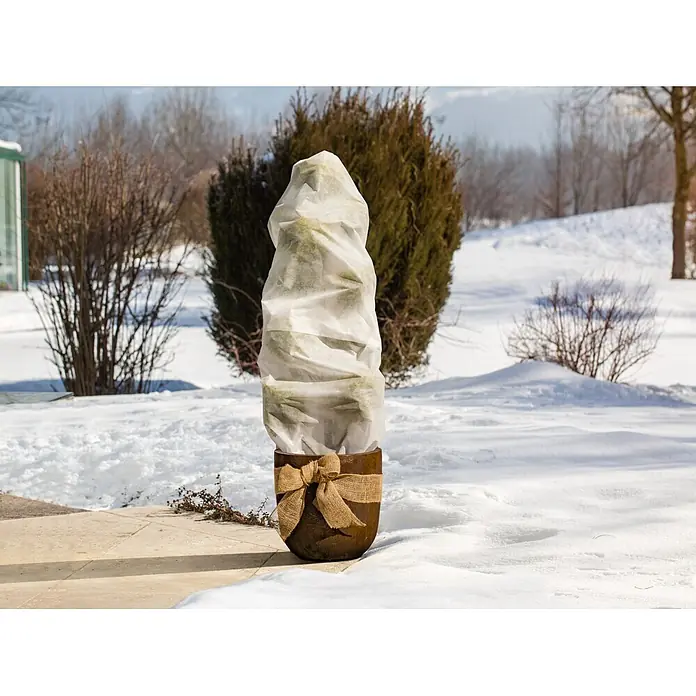 Windhager Winterschutzvlies Protect - B x L: 1,5 x 5 m, Weiß, 30 g/m² - Topfpflanze in weißem Schutzvlies mit Jutemasche auf winterlicher Terrasse zur Kälteisolierung.