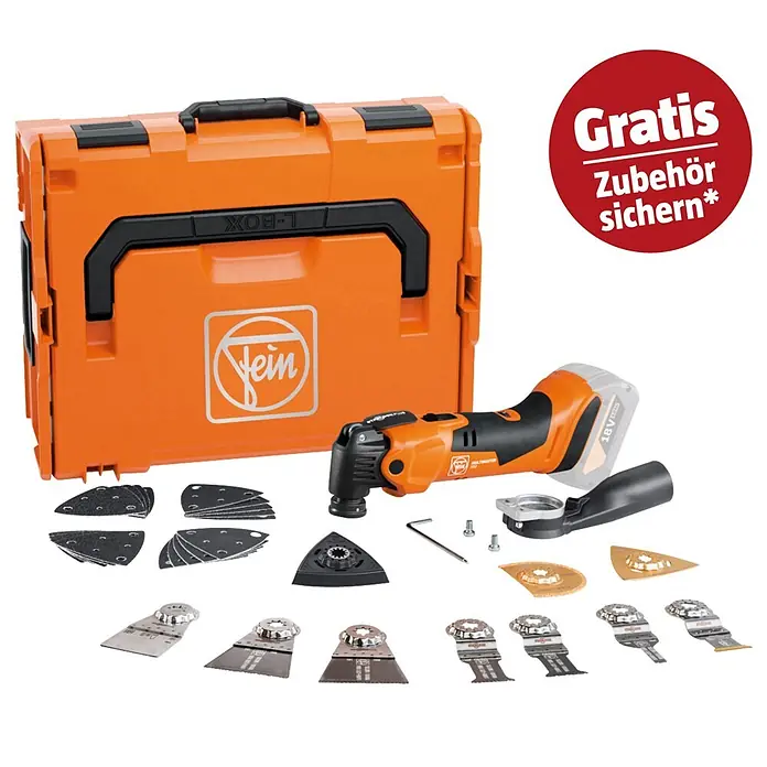 Fein AMPShare 18V Akku-Multifunktionswerkzeug MultiMaster AMM500 Plus Top AS - 18 V, Ohne Akku, Leerlaufschwingzahl: 11.000 /min - 18.500 /min - Oranges und schwarzes Akku-Multifunktionswerkzeug mit Akku in einer orangen L-BOXX, umgeben von Klingen, Schleifpads und Zubehör.