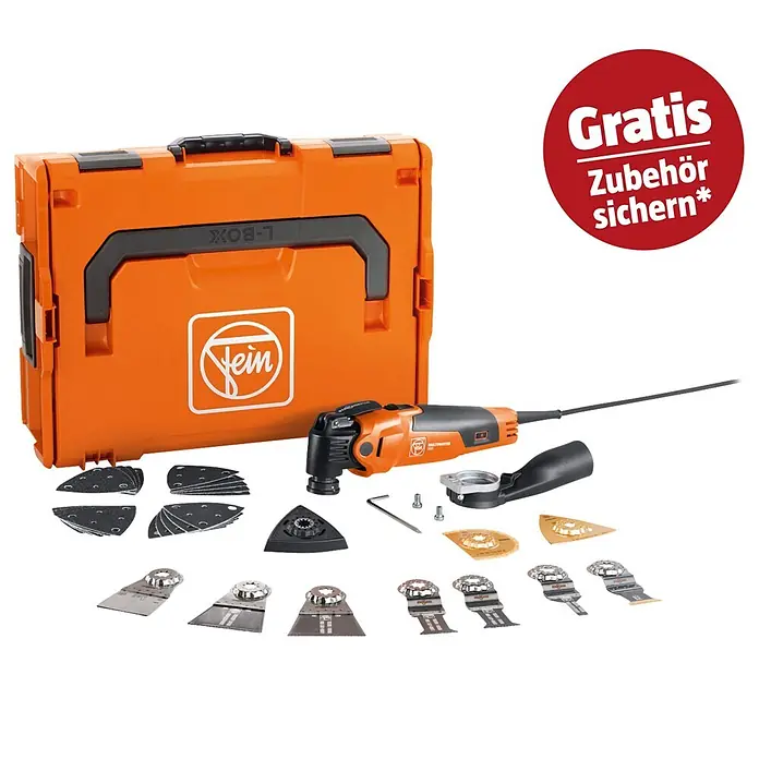 Fein MultiMaster Elektro-Multifunktionswerkzeug MultiMaster MM500 Plus TOP L-BOXX SET - 350 W, STARLOCK-Plus-System - Oranges und schwarzes Oszillations-Multitool-Set mit L-Boxx Koffer und diversem Zubehör wie Klingen, Schleifpads und Staubabsaugung.
