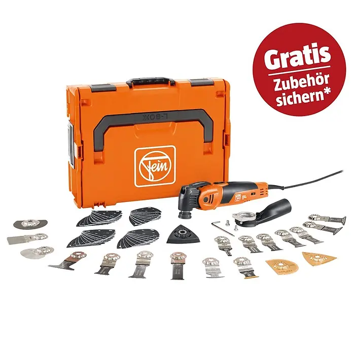 Fein MultiMaster Elektro-Multifunktionswerkzeug MULTIMASTER MM700 MAX TOP L-BOXX SET - 450 W, STARLOCK-Max-System - Fein orange-schwarzes Oszillierer-Set in L-Boxx, mit Sägeblättern, Schleifpads und Dreiecksschleifplatte, inklusive Gratis-Zubehör-Angebot.