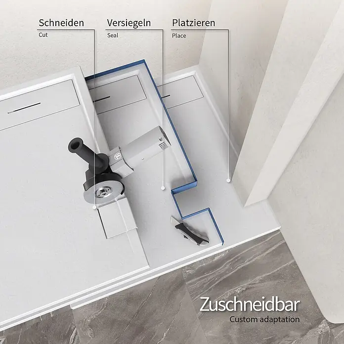 i-flair Duschwanne Hiemal 100x100 cm - Verbundwerkstoff, Weiß - Installation einer weißen strukturierten Duschwanne: Zuschneiden, Versiegeln und Platzieren für individuelle Anpassung im Bad.