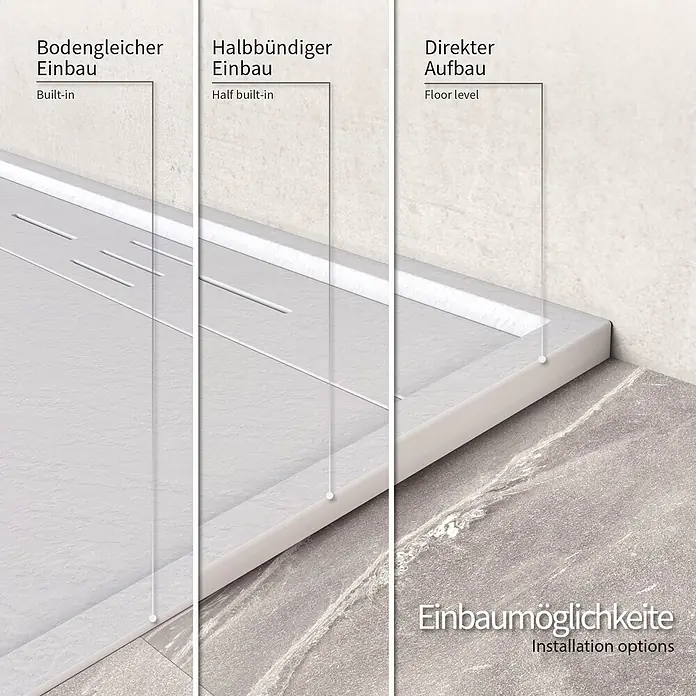 i-flair Duschwanne Hiemal 100x100 cm - Verbundwerkstoff, Weiß - Drei Einbauoptionen für eine Duschwanne: bodengleich, halbbündig und Direkter Aufbau, die unterschiedliche Höhen zum Boden zeigen.