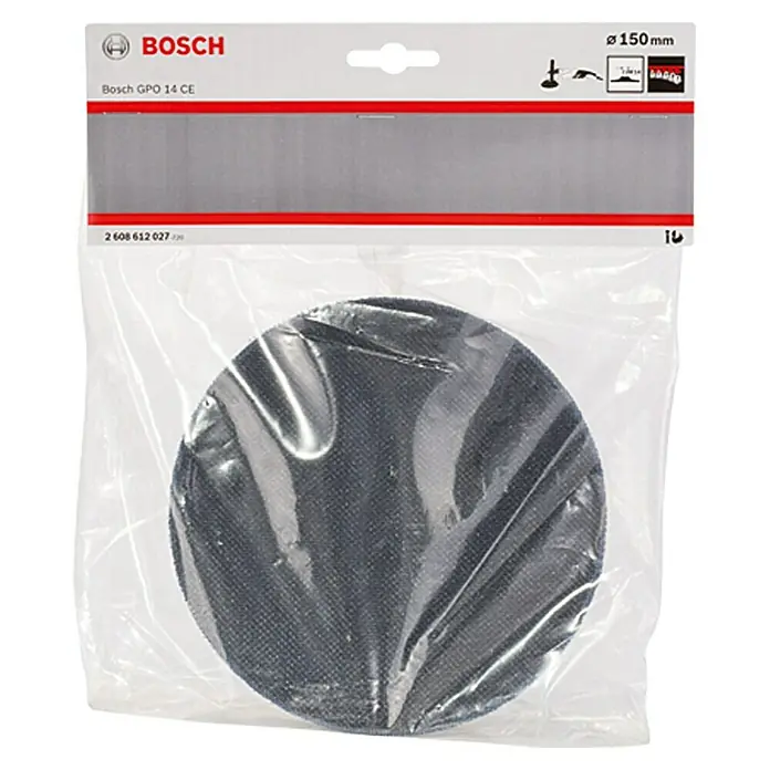 Bosch Stützteller - Durchmesser: 150 mm, Klettverschluss - Das Bild zeigt eine Packung Bosch GPO 14 CE Schleifscheiben mit einem Durchmesser von 150 mm, verpackt in einer durchsichtigen Plastiktüte.