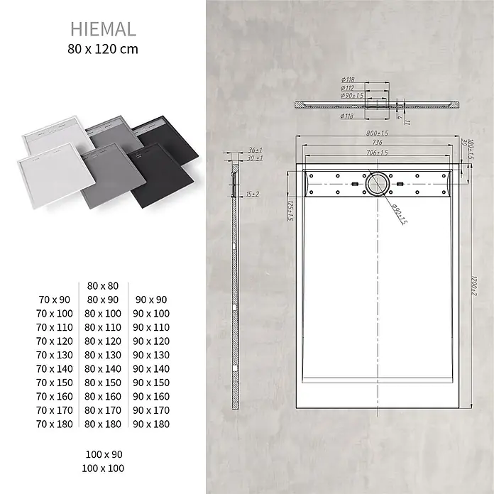 i-flair Duschwanne Hiemal 120x80 cm - Verbundwerkstoff, Weiss - HIEMAL Duschwanne, in Weiß, Grau und Schwarz gezeigt, mit technischen Zeichnungen und einer Liste verfügbarer Maße.