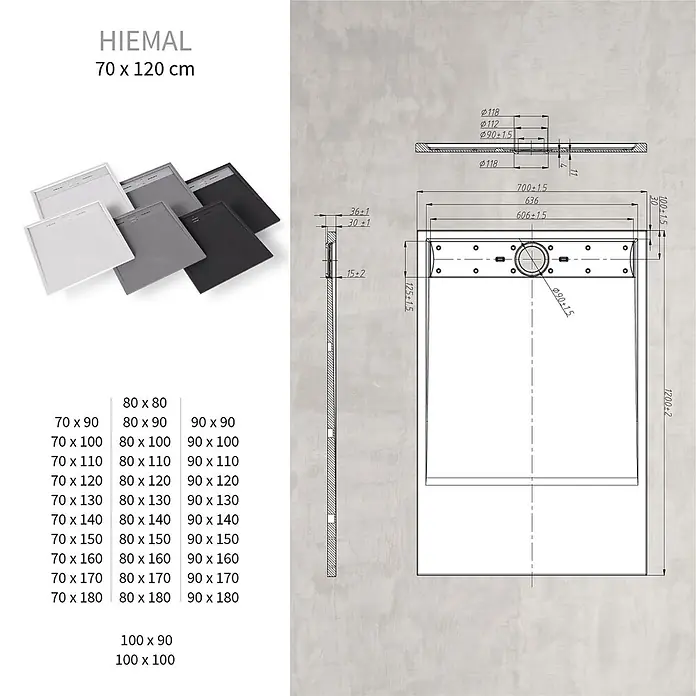 i-flair Duschwanne Hiemal 120x70 cm - Verbundwerkstoff, Weiß - HIEMAL Duschwannen in verschiedenen Größen und Farben (weiß, grau, schwarz), mit technischer Zeichnung und zentralem Abfluss.