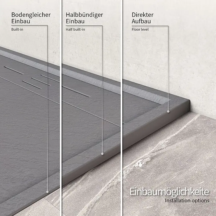 i-flair Duschwanne Hiemal 90x70 cm - Verbundwerkstoff, Grau - Graue strukturierte Duschwanne mit drei Einbaumöglichkeiten: bodengleich, halbbündig und Direkter Aufbau.