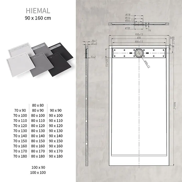 i-flair Duschwanne Hiemal 160x90 cm - L x B: 160 x 90 cm, Verbundwerkstoff, Schwarz - Verschiedene rechteckige Duschwannen in Weiß, Grau und Schwarz, mit detaillierter technischer Zeichnung, Maßen und Ablaufposition.