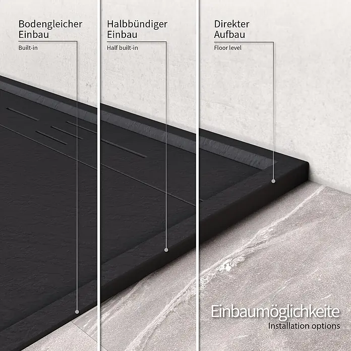 i-flair Duschwanne Hiemal 120x90 cm - Verbundwerkstoff, Schwarz - Schwarze Duschwanne mit drei Einbaumöglichkeiten: bodengleich, halbbündig und Direkter Aufbau.