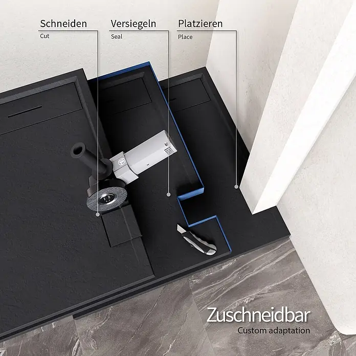 i-flair Duschwanne Hiemal 120x90 cm - Verbundwerkstoff, Schwarz - Schwarze Duschwanne mit Installationsanleitung: Zuschneiden, Abdichten mit blauer Membran und Platzieren für individuelle Anpassung.