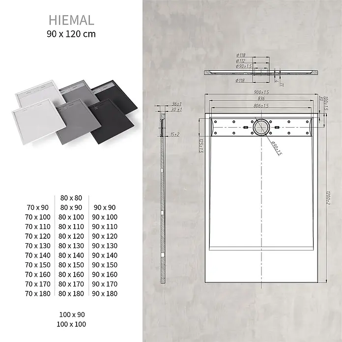 i-flair Duschwanne Hiemal 120x90 cm - Verbundwerkstoff, Weiß - Duschwanne in Weiß, Grau und Schwarz, mit technischer Zeichnung der Maße. Erhältlich in verschiedenen Größen.