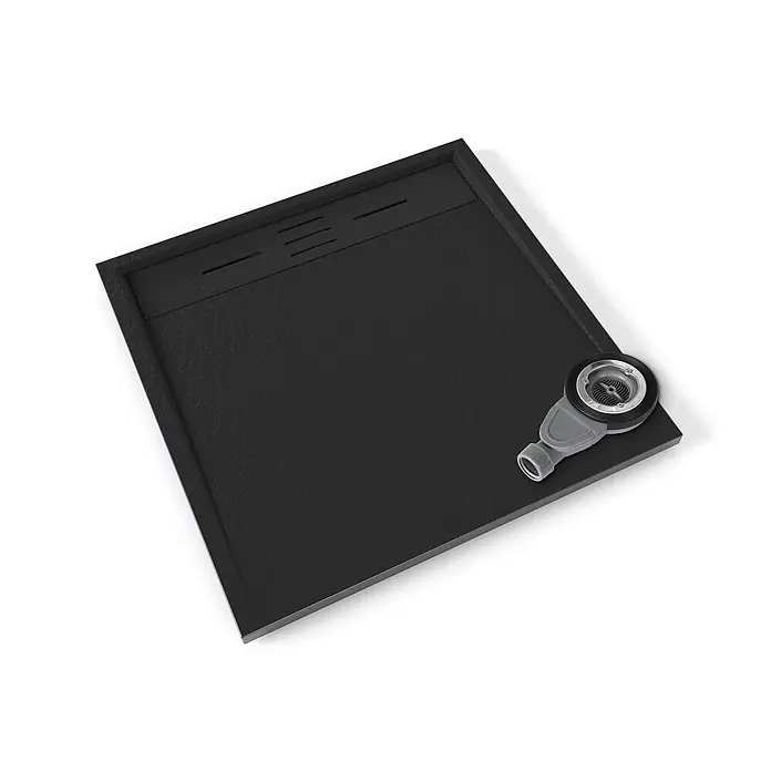 i-flair Duschwanne Hiemal 80x80 cm - L x B: 80 x 80 cm, Verbundwerkstoff, Schwarz - Schwarze strukturierte Duschwanne mit integriertem grau-silbernem Ablauf.