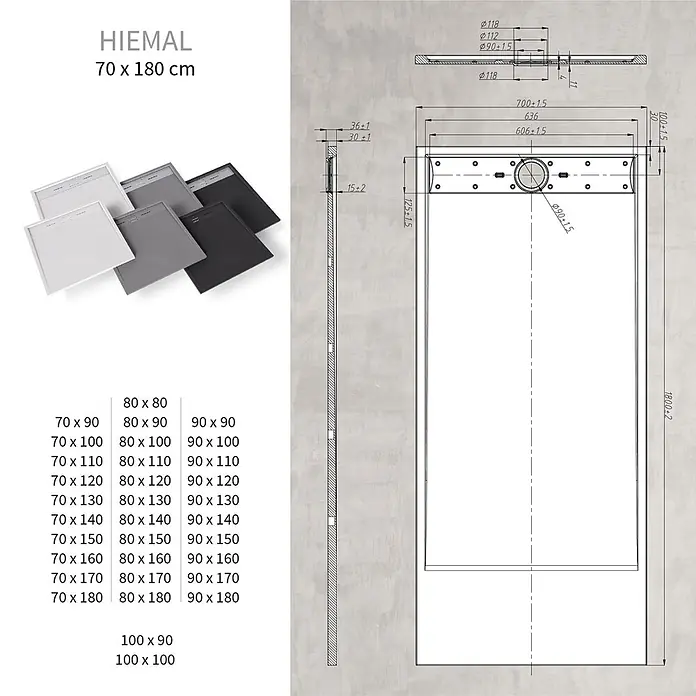 i-flair Duschwanne Hiemal 180x70 cm - Verbundwerkstoff, Grau - HIEMAL Duschwanne in Weiß, Grau, Schwarz mit technischer Zeichnung und verfügbaren Maßen.