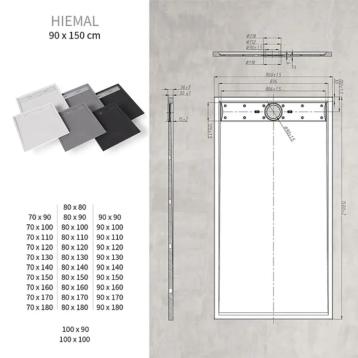 i-flair Duschwanne Hiemal 150x90 cm - L x B: 150 x 90 cm, Verbundwerkstoff, Grau - Moderne Duschwannen in Weiß, Grau und Schwarz, mit einer technischen Zeichnung, die Abmessungen zeigt.