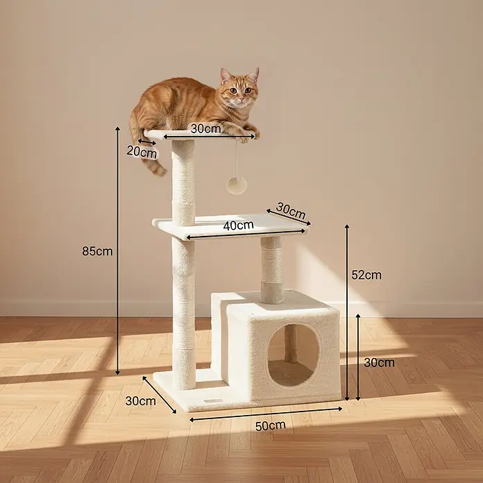 belviona Kratzbaum - 30 x 50 x 85 cm, Textil, beige - Ingwerkatze auf beigem Mehrzweck-Katzenbaum mit Kratzstämmen und Versteckbox. Baum ist 85 cm hoch mit 50x30 cm Basis.