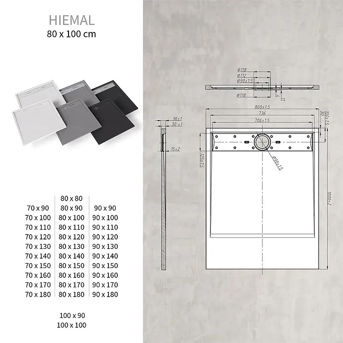 i-flair Duschwanne Hiemal 100x80 cm - Verbundwerkstoff, Weiß - Eine Auswahl rechteckiger Duschwannen in Weiß, Grau und Schwarz, dazu eine technische Zeichnung mit Maßen.