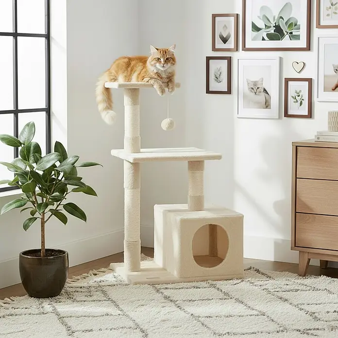 belviona Kratzbaum - 30 x 50 x 85 cm, Textil, beige - Beiger, mehrstufiger Katzenbaum mit Kratzstämmen und Höhle, auf dessen oberster Plattform eine orangefarbene Katze ruht. Mit Spielzeug.
