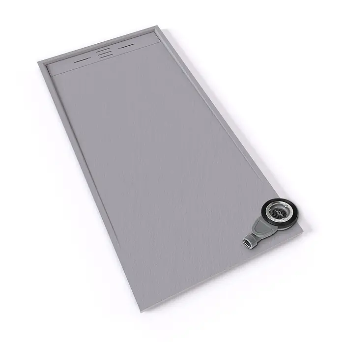 i-flair Duschwanne Hiemal 150x80 cm - Verbundwerkstoff, Grau - Rechteckige hellgraue Duschwanne mit strukturierter Oberfläche, linearem Ablauf und externem Rundablaufmechanismus.